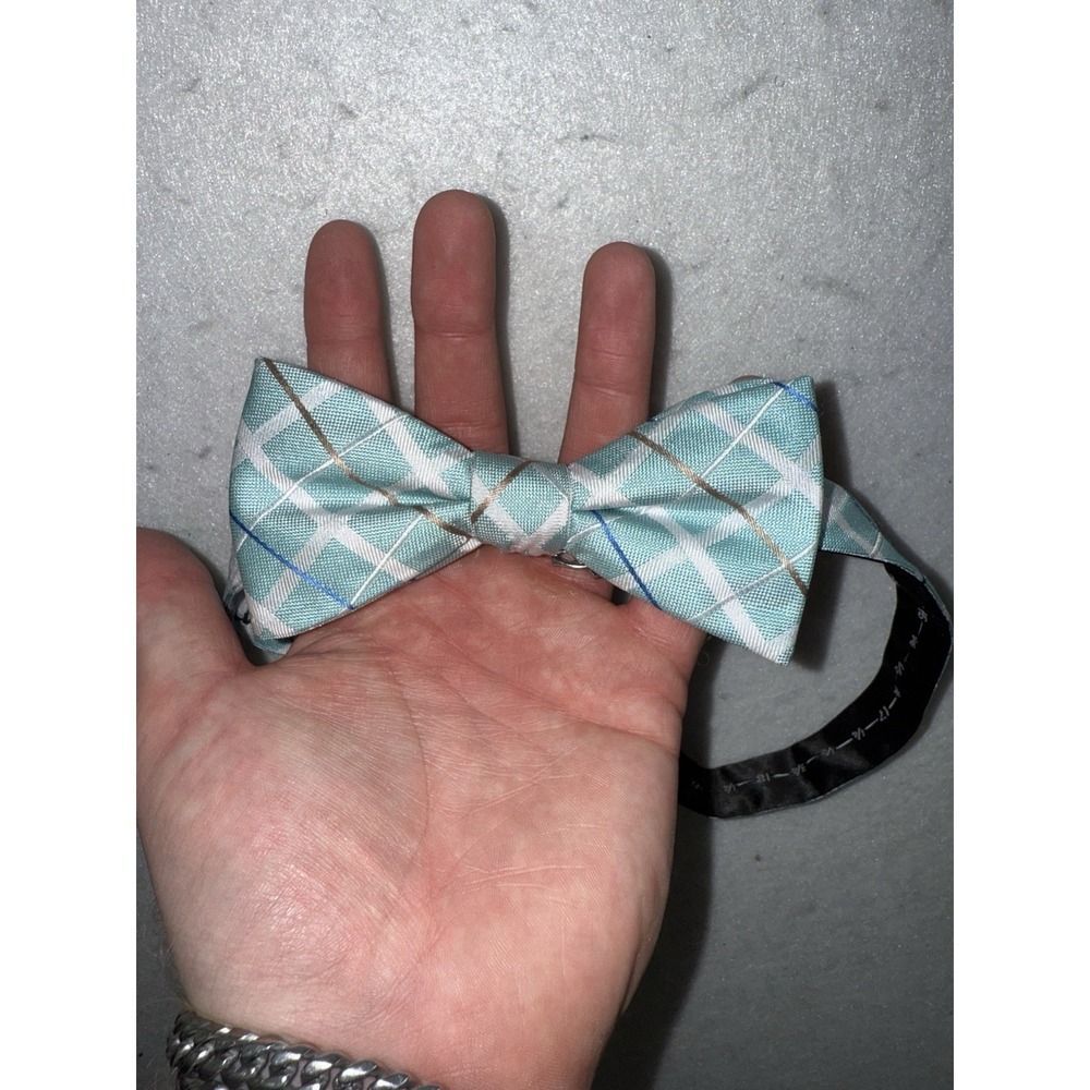Saddlebred Bow Tie Teal Robin Egg Blue Plaid Silk Blend Adjustable Clip On - Picture 1 of 3